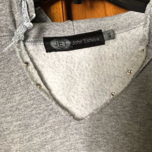 JET John Eshaya V-Neck Heather Rhinestone Detail Pullover Hoodie Gray - M/L - Picture 7 of 15